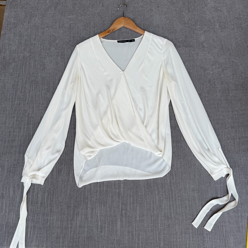 Karen Millen Wrap Top Womens 6 Ivory Tie Cuffs Draped Silhouette Quiet Luxury